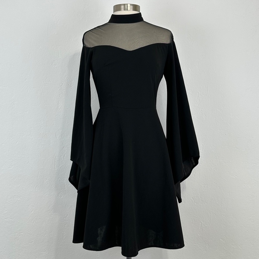 Womens Goth Fairy Grunge Witchy Dress Sz Medium Sheer Exaggerated Bell Sleeve